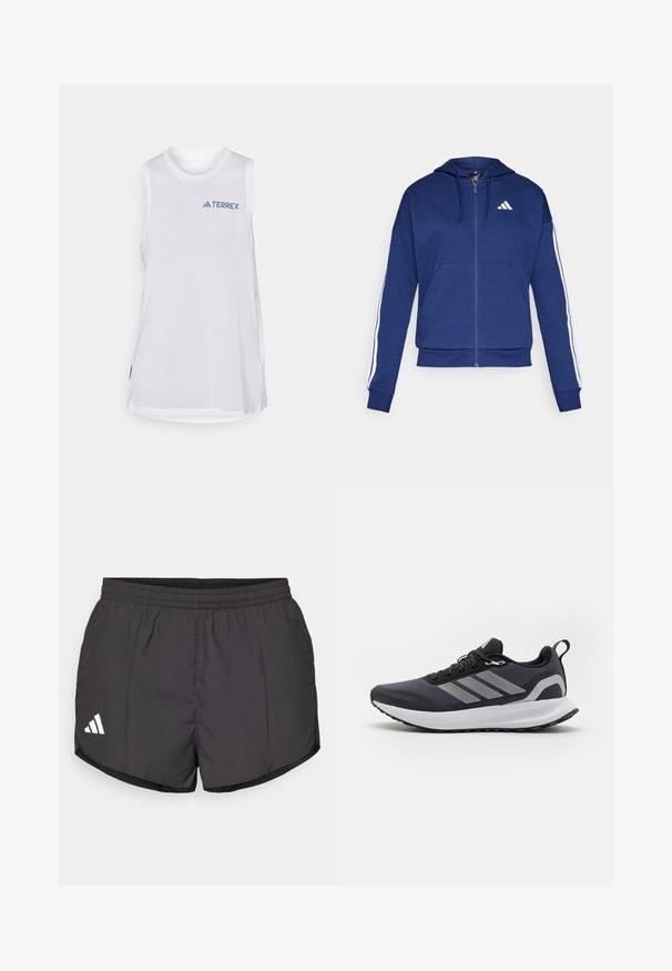 Hanorac navy cu fermoar, confectionat dintr-un material moale, având o buzunar frontal, dungi albe pe mâneci și un logo pe piept.; Tricou sportiv fără mâneci de culoare albă, cu guler rotund și logo-ul albastru "TERREX" în contrast, realizat dintr-un material ușor și respirabil.; Pantaloni scurți atletici negri, confecționați dintr-un material ușor, cu un brâu elastic și un logo alb Adidas pe partea stângă jos.; Pantofii sport negri au un superior din plasă, o talpă intermediară albă, o talpă din cauciuc texturat și trei dungi gri pe lateral. Acestia dispun de șireturi și o bucată de prindere.