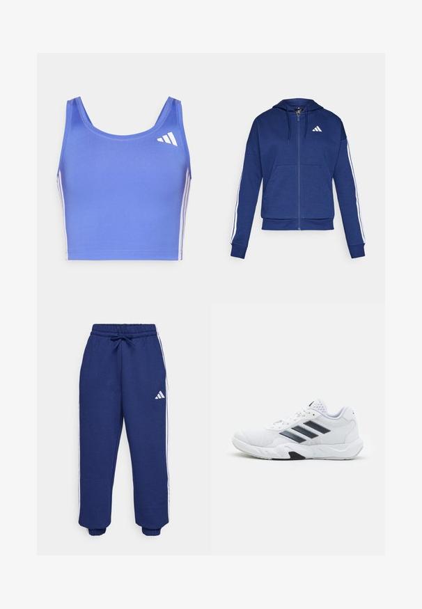 Jūras spēku pelēkais kapucis, kas izgatavots no mīkstas auduma, ar priekšējo kabatu, baltām svītrām gar piedurknēm un logo uz krūtīm.; Gaiši zils sporta krūšturis, kas izgatavots no elastīga auduma, ar apaļu kakla izgriezumu, platām siksnām un baltām sānu svītrām ar logotipu augšējā kreisajā daļā.; Jūras spēku sporta bikses, kas izgatavotas no mīksta auduma, ar baltām sānu svītrām, elastīgu jostu ar regulējamu šnoru un elastīgiem piedurkņu galiem.; Baltā sporta apavi ar sietu augšdaļu, trīs melnām svītrām sānos, teksturētām akcentiem un izturīgu gumijas zoli ar kontrastējošu melnu daļu.