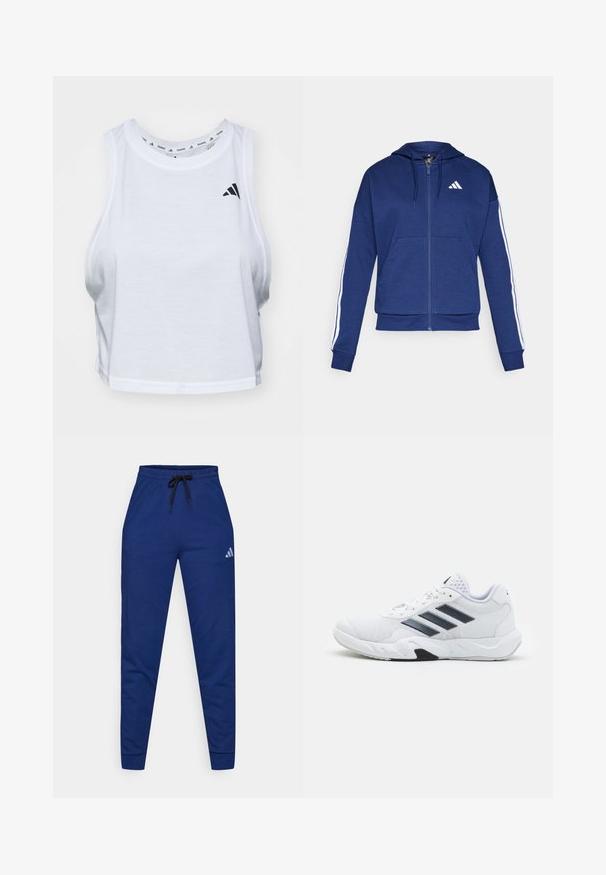 Tumed kapuutsiga jakki pehme kangaga, millel on eesmine tasku, valged triibud varrukatel ja logo rinnal.; Valge lühike tank tops, mis on valmistatud kerge kanga materjalist ja millel on ümar kaelus. Selle küljes on must logo vasakul poolel ja sile tekstuur.; Sinisest puuvillast spordipüksid, millel on elastne vöökoht, reguleeritav must nöör ja väike valge logo vasakul reiel. Lähedane disain.; Valge spordijalats, millel on võrkpealne, kolm musta triipu küljepeal, tekstuuriga aktsendid ning tugev kummist tallaosa, millel on kontrastne must osa.