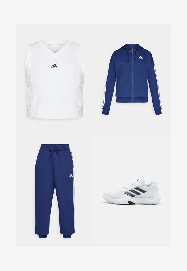 Námornícka zipová mikina vyrobená z mäkkej látky, s prednou vreckom, bielymi pruhmi pozdĺž rukávov a logom na hrudi.; adidas Performance TENNIS PRO AEROREADY CROP - Top - white; Námorné športové nohavice vyrobené z jemného materiálu, s bielymi bočnými pruhmi, elastickým pásom s nastaviteľnou šnúrkou a elastickými manžetami.; Biele športové topánky s ventilovaným vrchom, tromi čiernymi pruhmi po stranách, textúrovanými akcentmi a pevným gumovým podošvom s kontrastnou čiernou časťou.