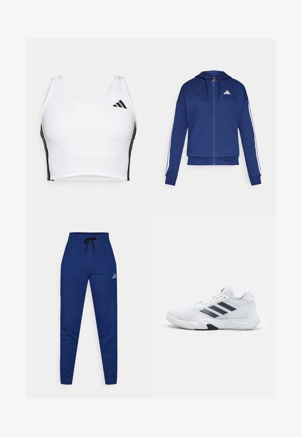 Felpa con zip blu navy realizzata in tessuto morbido, dotata di tasca frontale, strisce bianche lungo le maniche e logo sul petto.; Crop top sportivo bianco realizzato in tessuto testurizzato, con strisce laterali nere e un logo nero sul lato superiore sinistro. Design classico con spalline larghe.; Pantaloni jogger blu in cotone con vita elasticizzata, cordino nero regolabile e un piccolo logo bianco sulla coscia sinistra. Design aderente.; Scarpa sportiva bianca con tomaia in mesh, tre strisce nere sui lati, dettagli testurizzati e una suola in gomma robusta con una sezione nera a contrasto.