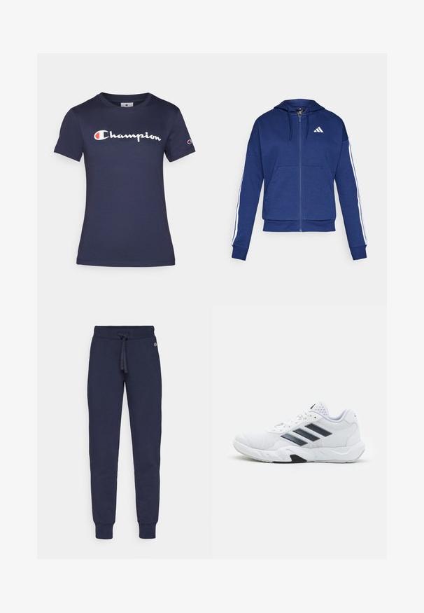 Navy zip-up hoodie made of soft fabric, featuring a front pocket, white stripes along sleeves, and a logo on the chest.; Navy blue cotton t-shirt with short sleeves, featuring a white "Champion" logo. Regular fit with a crew neck and soft texture.; Navy blue sweatpants made of soft material, featuring a drawstring waist, tapered legs, and ribbed cuffs. Small logo detail at the hip.; White athletic shoe with mesh upper, three black stripes on the side, textured accents, and a sturdy rubber sole with a contrasting black section.
