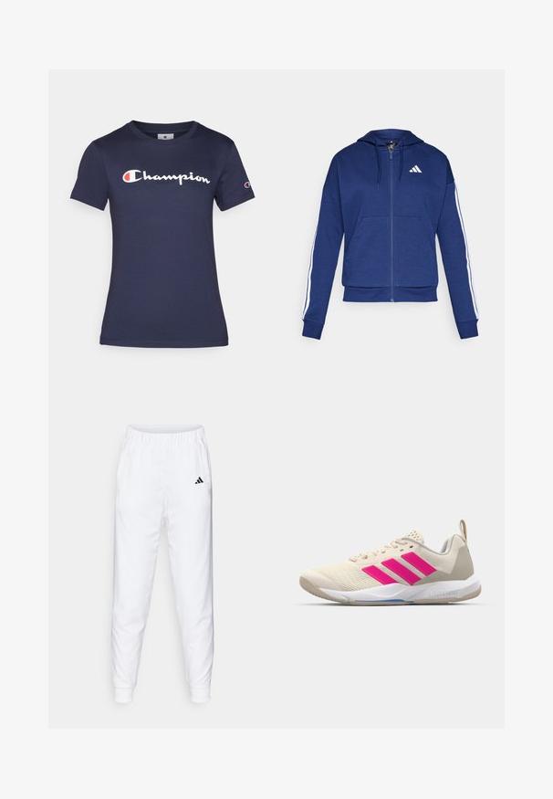 Sudadera con cremallera en color azul marino, hecha de tela suave, con un bolsillo frontal, rayas blancas a lo largo de las mangas y un logo en el pecho.; Camiseta de algodón azul marino con mangas cortas, que presenta un logotipo blanco de "Champion". Ajuste regular con cuello redondo y textura suave.; Pantalones deportivos blancos con cintura y puños elásticos. Cuenta con bolsillos laterales y un pequeño logotipo negro en el muslo izquierdo. Acabado de tela suave.; Zapatilla deportiva beige con logo de tres rayas rosa, parte superior de malla texturizada, cuello acolchado y suela de goma blanca, con la marca "LIGHTSTRIKE".
