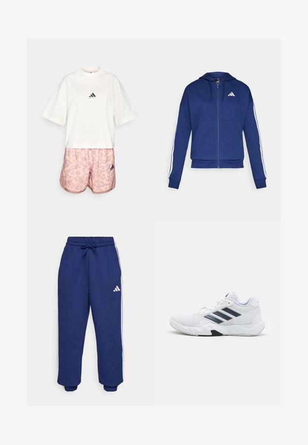 Marinblå ziphoodie i mjukt tyg, med en framficka, vita ränder längs ärmarna och en logotyp på bröstet.; adidas Performance TEE - T-shirt med print - chalk white; Marina idrottsbyxor gjorda av mjukt tyg, med vita sidostripes, elastisk midja med justerbar dragningssnodd och elastiska muddar.; Vit sportskor med mesh-överdel, tre svarta ränder på sidan, texturerade detaljer och en stadig gummisula med en kontrasterande svart del.
