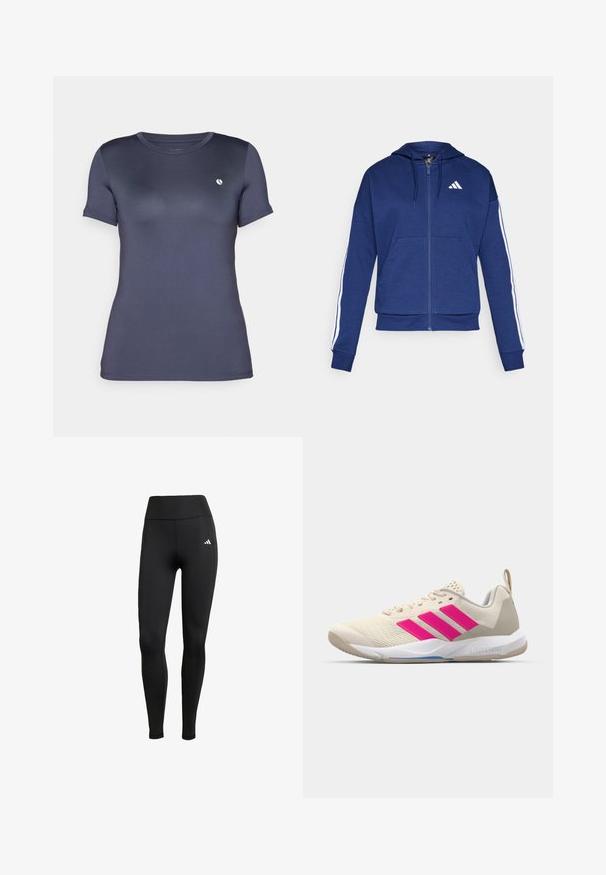 Sweatshirt navy com fecho, feito de tecido macio, com um bolso frontal, riscas brancas nas mangas e um logo no peito.; T-shirt de manga curta azul marinho feito de um tecido suave e elástico. Apresenta um pequeno logotipo branco no lado esquerdo do peito. Design clássico de gola redonda.; Leggings atléticos pretos com uma cintura alta. Feitos de um tecido elástico com um detalhe do logótipo branco no lado superior esquerdo.; Sapata atlética bege com logotipo de três riscas cor-de-rosa, parte superior em malha texturizada, colarinho acolchoado e sola de borracha branca, apresentando a marca "LIGHTSTRIKE".