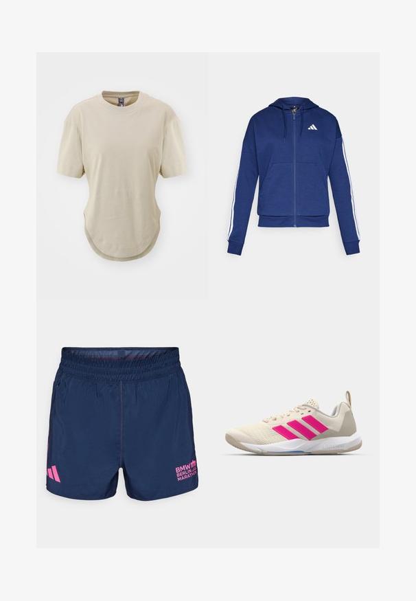 Tamsiai mėlynas užtrauktukas džemperis, pagamintas iš minkštos medžiagos, su priekinėmis kišenėmis, baltomis juostelėmis ant rankovių ir logotipu ant krūtinės.; Šviesiai pilkas trumpas rankovės marškinėliai, pagaminti iš minkštos medvilnės. Savybė yra apvalaus kaklo ir išlenktas apatinis kraštas su šoninėmis plyšiais, užtikrinančiais laisvą prigludimą.; adidas Performance BER25 OTR SHORTS - Sportiniai šortai - collegiate navy; Bežiniai sportiniai bateliai su rožinėmis trimis juostomis, tekstūruota tinklelio viršutinė dalis, paminkštinta apykaklė ir balta guma neslystančia padu, turintys "LIGHTSTRIKE" prekės ženklą.