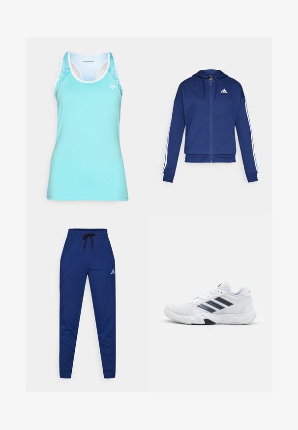 Jūras spēku pelēkais kapucis, kas izgatavots no mīkstas auduma, ar priekšējo kabatu, baltām svītrām gar piedurknēm un logo uz krūtīm.; Tirkīza sporta topiņš ar racerback dizainu, ar baltu apdari un rakstainu akcents uz pleciem, kas nodrošina papildu elpojamību.; Zili kokvilnas sporta bikses ar elastīgu vidukli, regulējamu melnu auklu un mazu balto logo uz kreisā augšstilba. Pieguļošs dizains.; Baltā sporta apavi ar sietu augšdaļu, trīs melnām svītrām sānos, teksturētām akcentiem un izturīgu gumijas zoli ar kontrastējošu melnu daļu.