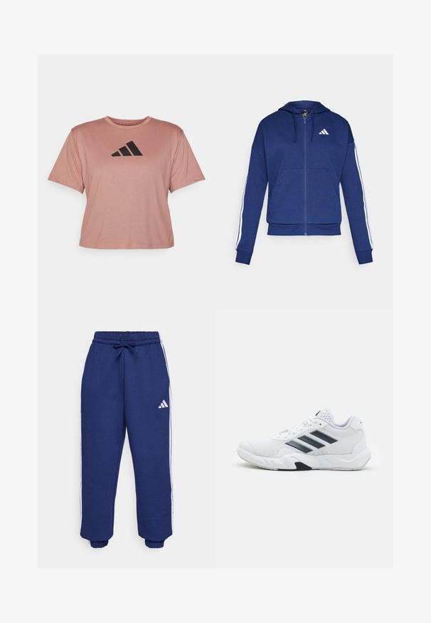 Námornícka zipová mikina vyrobená z mäkkej látky, s prednou vreckom, bielymi pruhmi pozdĺž rukávov a logom na hrudi.; adidas Performance WE TEE - Tričko s potlačou - warm clay; Námorné športové nohavice vyrobené z jemného materiálu, s bielymi bočnými pruhmi, elastickým pásom s nastaviteľnou šnúrkou a elastickými manžetami.; Biele športové topánky s ventilovaným vrchom, tromi čiernymi pruhmi po stranách, textúrovanými akcentmi a pevným gumovým podošvom s kontrastnou čiernou časťou.