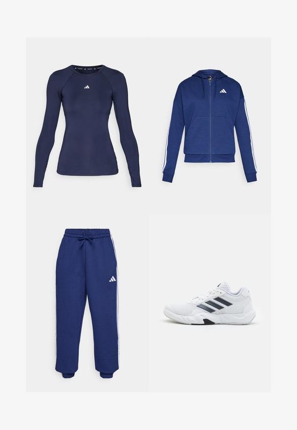 Tumed kapuutsiga jakki pehme kangaga, millel on eesmine tasku, valged triibud varrukatel ja logo rinnal.; adidas Performance Pikkade varrukatega topp - legend ink; Tumed sportlikud püksid, mis on valmistatud pehmest kangast, valgete küljeribadega, elastse vöökoha ja reguleeritava nööriga ning elastsete mansettidega.; Valge spordijalats, millel on võrkpealne, kolm musta triipu küljepeal, tekstuuriga aktsendid ning tugev kummist tallaosa, millel on kontrastne must osa.