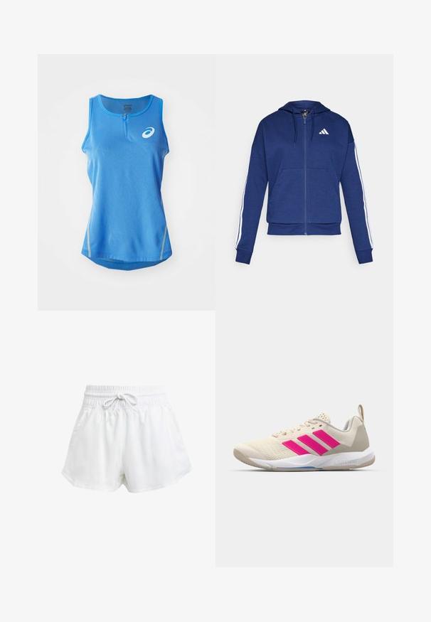 Jūras spēku pelēkais kapucis, kas izgatavots no mīkstas auduma, ar priekšējo kabatu, baltām svītrām gar piedurknēm un logo uz krūtīm.; Zilās sporta topiņš ar rāvējslēdzēju ap kaklu, kuram ir teksturēts raksts un atstarotāji sānos.; Baltas sporta šorts ar elastīgu jostu un regulējamu auklu. Izgatavoti no viegla materiāla, ar sānu kabatām un brīvu piegriezumu.; Beige sporta apavi ar rozā trīs svītru logotipu, strukturētu acu augšdaļu, mīkstu apkaklīti un balto gumijas zoli, ar "LIGHTSTRIKE" zīmolu.