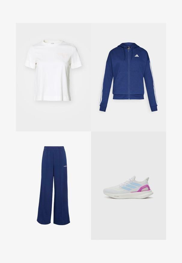 Marineblå zip-hoodie lavet af blødt stof, med en frontlomme, hvide striber langs ærmerne og et logo på brystet.; Hvid kortærmet t-shirt lavet af bomuld med rund hals, der har lyserød tekst "BJÖRN BORG" på venstre brystområde.; Marineblå vidde sweatpants lavet af blødt stof, med elastisk taljebånd og hvidt "adidas" logo på siden.; adidas Performance PUREBOOST 5 - Løbesko til landevejen - white/glow blue/purple burst