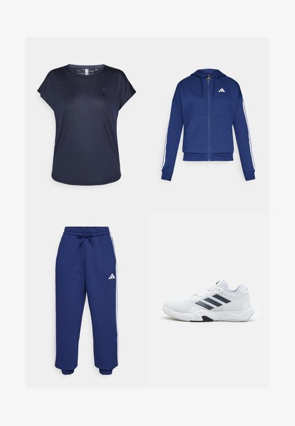 Marineblå hettejakke med glidelås laget av myk stoff, med en frontlomme, hvite striper langs ermene og en logo på brystet.; Marineblå kortermet t-skjorte laget av lett stoff, med rund hals og subtil logo detalj på brystet.; Navy atletiske bukser laget av mykt stoff, med hvite sidestrekker, elastisk linning med justerbar snor og elastiske mansjetter.; Hvit sportsko med mesh-overdel, tre svarte striper på siden, teksturerte detaljer og en solid gummisåle med en kontrasterende svart seksjon.