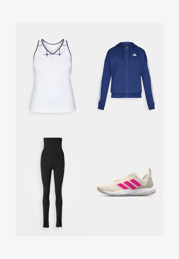 Hanorac navy cu fermoar, confectionat dintr-un material moale, având o buzunar frontal, dungi albe pe mâneci și un logo pe piept.; Top sportiv alb, cu decolteu în V și un model în carouri în nuanțe de bleumarin și roșu pe partea superioară. Material fin, ușor.; adidas by Stella McCartney Leggings - black; Pantof de sport bej cu logo în trei dungi roz, superior din plasă texturată, guler căptușit și talpă din cauciuc alb, având marca "LIGHTSTRIKE".