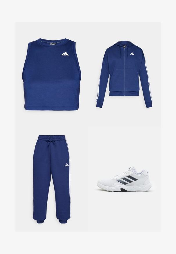 Tamsiai mėlynas užtrauktukas džemperis, pagamintas iš minkštos medžiagos, su priekinėmis kišenėmis, baltomis juostelėmis ant rankovių ir logotipu ant krūtinės.; Tamsiai mėlyna be rankovių treniruočių crop top marškinėliai su apvalia iškirpte. Pagaminti iš lygaus audinio, ant kairio krūtinės ploto yra balta Adidas logotipas.; Jūriniai sportiniai kelnės iš minkštos medžiagos, su baltais šonais, elastinga liemeniu su reguliuojama virvele ir elastiniais rankogaliais.; Baltas sportinis batelis su tinklelio viršumi, trimis juodomis juostelėmis šone, tekstūruotais akcentais ir tvirtu guminio pado su kontrastinga juoda dalimi.