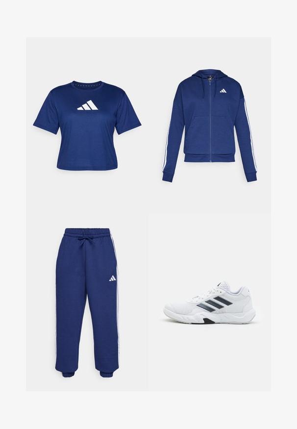 Sudadera con cremallera en color azul marino, hecha de tela suave, con un bolsillo frontal, rayas blancas a lo largo de las mangas y un logo en el pecho.; Camiseta atlética de color azul marino, hecha de un tejido ligero, con mangas cortas y un logo blanco con tres rayas diagonales en la parte frontal.; Pantalones deportivos de color marino hechos de tela suave, con franjas laterales blancas, cintura elástica con cordón ajustable y puños elásticos.; Zapatilla deportiva blanca con parte superior de malla, tres franjas negras a los lados, acentos texturizados y una suela de goma resistente con una sección negra en contraste.