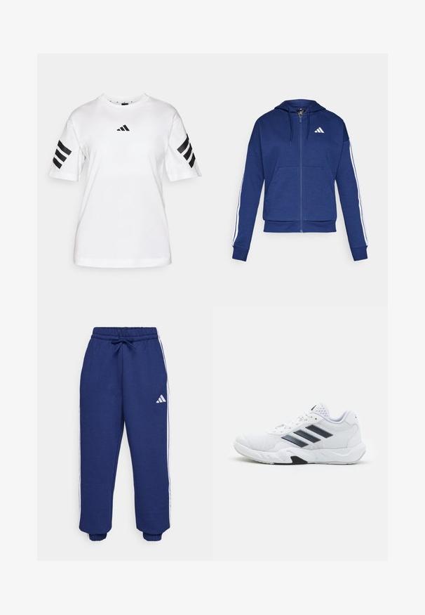 Sweatshirt navy com fecho, feito de tecido macio, com um bolso frontal, riscas brancas nas mangas e um logo no peito.; T-shirt branca de algodão com um design de três riscas pretas nas mangas e um pequeno logótipo preto da Adidas no peito. Decote redondo.; Calças atléticas em azul-marinho, feitas de um tecido macio, com riscas brancas nas laterais, cintura elástica com cordão ajustável e punhos elásticos.; Tênis atlético branco com parte superior em malha, três listras pretas de cada lado, detalhes texturizados e uma sola de borracha resistente com uma seção preta contrastante.