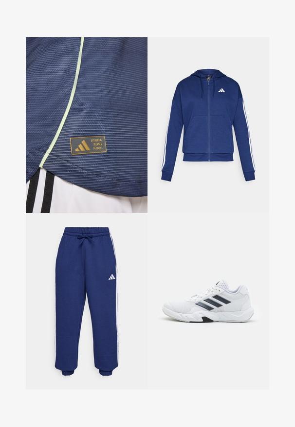 Tamsiai mėlynas užtrauktukas džemperis, pagamintas iš minkštos medžiagos, su priekinėmis kišenėmis, baltomis juostelėmis ant rankovių ir logotipu ant krūtinės.; Jūrininkų sportinis marškinėliai su tekstūruotu raštu, akcentuoti šviesiai žalia apdaila ir Adidas licencijuoto produkto etiketė, ant kurios yra auksinė logo.; Jūriniai sportiniai kelnės iš minkštos medžiagos, su baltais šonais, elastinga liemeniu su reguliuojama virvele ir elastiniais rankogaliais.; Baltas sportinis batelis su tinklelio viršumi, trimis juodomis juostelėmis šone, tekstūruotais akcentais ir tvirtu guminio pado su kontrastinga juoda dalimi.