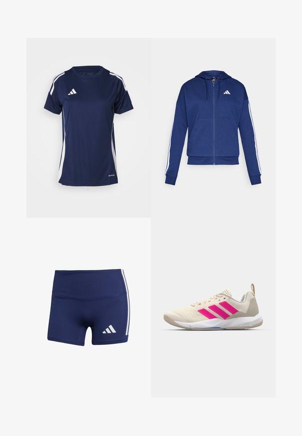 Sudadera con cremallera en color azul marino, hecha de tela suave, con un bolsillo frontal, rayas blancas a lo largo de las mangas y un logo en el pecho.; Camiseta deportiva azul marino con paneles laterales blancos y tres rayas blancas en los hombros. Hecha de material ligero y que absorbe la humedad.; Pantalones cortos deportivos de color azul marino con un ajuste ceñido, hechos de una tela suave, con rayas blancas en los costados y un logotipo en la parte inferior izquierda.; Zapatilla deportiva beige con logo de tres rayas rosa, parte superior de malla texturizada, cuello acolchado y suela de goma blanca, con la marca "LIGHTSTRIKE".