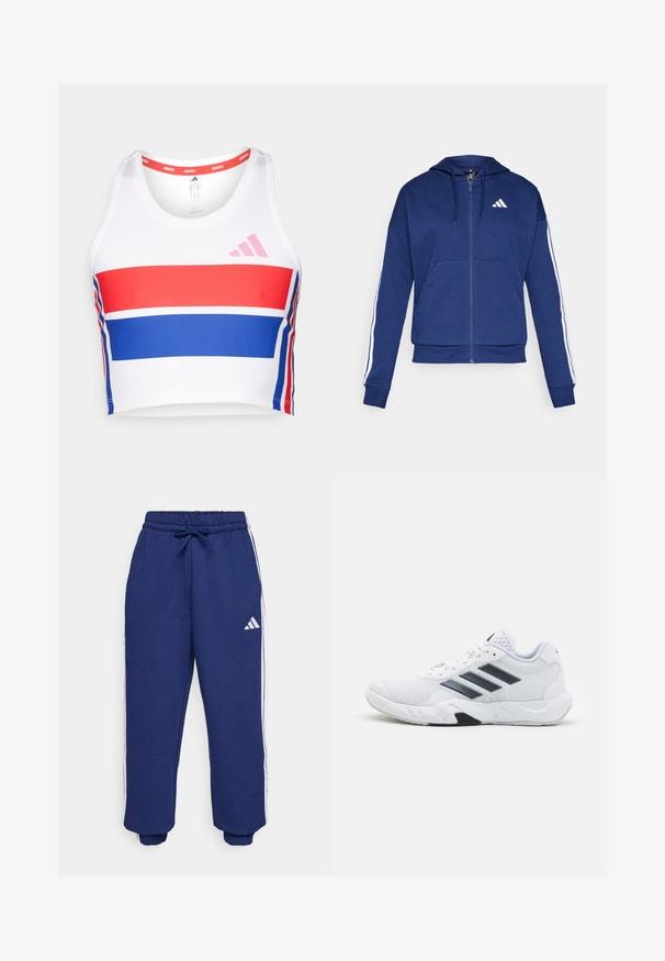 Hanorac navy cu fermoar, confectionat dintr-un material moale, având o buzunar frontal, dungi albe pe mâneci și un logo pe piept.; Top sportiv scurt, de culoare albă, cu dungi orizontale roșii și albastre. Prezentă logo-ul roz adidas, guler rotund și textură de stofă netedă.; Pantaloni de sport navy dintr-un material moale, cu dungi laterale albe, talie elastică cu șnur ajustabil și mansete elastice.; Adidași albi cu partea superioară din plasă, trei dungi negre pe lateral, accente texturate și o talpă din cauciuc solidă cu o secțiune contrastantă neagră.