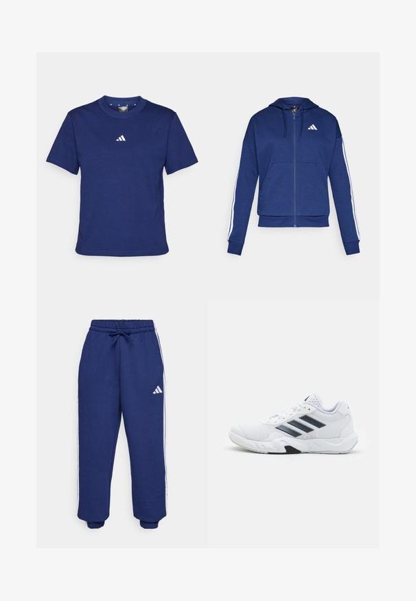 Tamsiai mėlynas užtrauktukas džemperis, pagamintas iš minkštos medžiagos, su priekinėmis kišenėmis, baltomis juostelėmis ant rankovių ir logotipu ant krūtinės.; Tamsiai mėlynas medvilninis marškinėliai trumpomis rankovėmis ir apvalia apykakle. Krūtinėje yra nedidelis baltas Adidas logotipas. Lygi tekstūra.; Jūriniai sportiniai kelnės iš minkštos medžiagos, su baltais šonais, elastinga liemeniu su reguliuojama virvele ir elastiniais rankogaliais.; Baltas sportinis batelis su tinklelio viršumi, trimis juodomis juostelėmis šone, tekstūruotais akcentais ir tvirtu guminio pado su kontrastinga juoda dalimi.