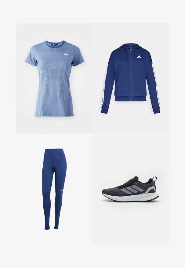 Jūras spēku pelēkais kapucis, kas izgatavots no mīkstas auduma, ar priekšējo kabatu, baltām svītrām gar piedurknēm un logo uz krūtīm.; Gaiši zils sporta krekls ar īsām piedurknēm, apaļu izgriezumu, tekstūrām un atstarojošiem baltiem akcentiem. Mīksts, viegls materiāls.; Jūras zilas sporta legingi ar augstu jostasvietu, izgatavoti no gludas auduma. Iespējo sānu kabatu un diskrētu logotipu apakšējā kājā.; Melna sporta kurpe ar acs materiāla augšdaļu, balta apakšzole, teksturēta gumijas zole un trīs pelēkas svītras sānos. Aprīkota ar saites un aizmugures cilpu.