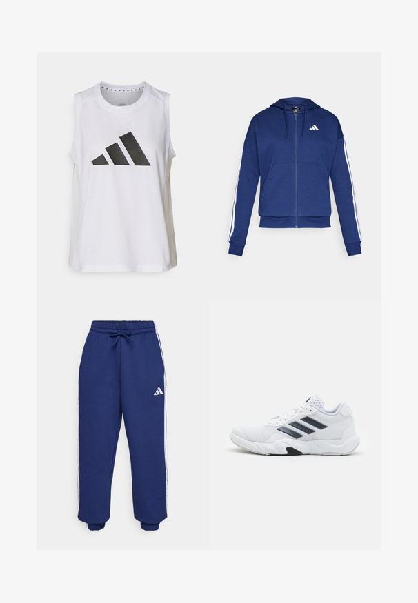 Tummansininen zip-up huppari, joka on valmistettu pehmeästä kankaasta. Hupparissa on etutasku, valkoiset raidat hihoissa ja logo rinnassa.; Valkoinen hihaton urheilupaita, jossa on pyöreä kaula-aukko. Edessä on suuri musta Adidas-logo, joka koostuu kolmesta raidasta.; Meripaidat sinisessä sävyssä, valmistettu pehmeästä kankaasta, valkoisilla sivuviivoilla, joustavalla vyötäröllä, jossa on säädettävä nauha, ja joustavilla hihansuilla.; Valkoiset urheilukengät, joissa on verkkomateriaali päällisessä, kolme mustaa raitaa sivussa, teksturoidut yksityiskohdat ja kestävä kumipohja, jossa on kontrastina musta osa.