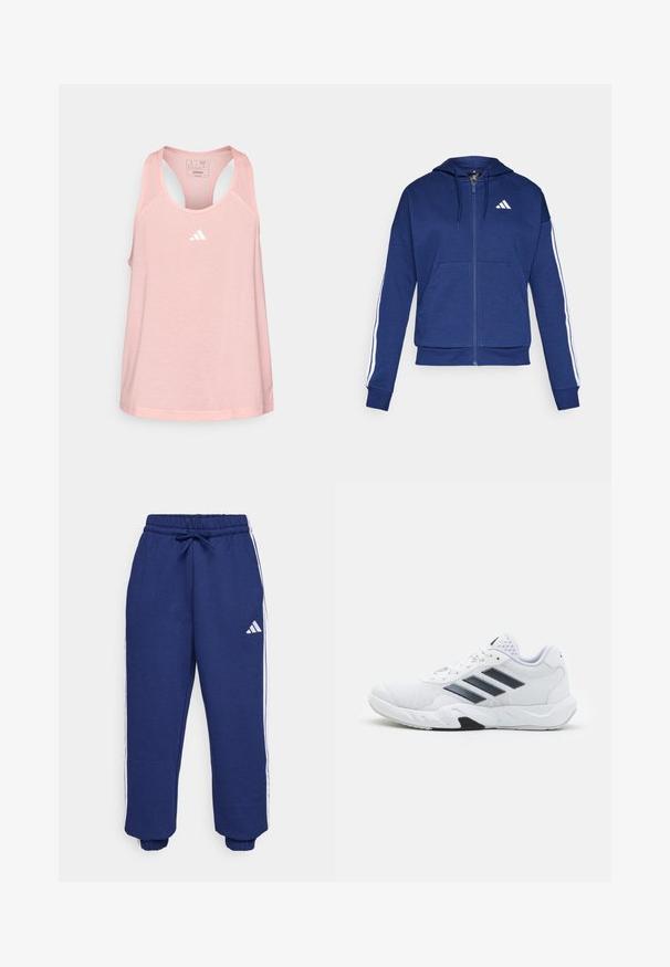 Hoodie zippé marine en tissu doux, avec une poche avant, des bandes blanches le long des manches et un logo sur la poitrine.; adidas Performance TRAIN ESSENTIALS MINIMAL BRANDING RACERBACK - Débardeur - semi pink spark; Pantalons de sport navy en tissu doux, dotés de rayures blanches sur les côtés, d'une taille élastique avec cordon de serrage ajustable et de poignets élastiques.; Baskets blanches avec une tige en maille, trois rayures noires sur le côté, des accents texturés et une semelle en caoutchouc robuste avec une section noire contrastante.