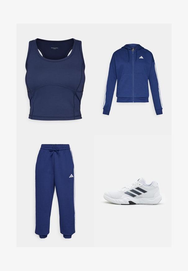 Tumed kapuutsiga jakki pehme kangaga, millel on eesmine tasku, valged triibud varrukatel ja logo rinnal.; Sweaty Betty ALL DAY ACTIVE CROPPED TANK - Topp - navy blue; Tumed sportlikud püksid, mis on valmistatud pehmest kangast, valgete küljeribadega, elastse vöökoha ja reguleeritava nööriga ning elastsete mansettidega.; Valge spordijalats, millel on võrkpealne, kolm musta triipu küljepeal, tekstuuriga aktsendid ning tugev kummist tallaosa, millel on kontrastne must osa.