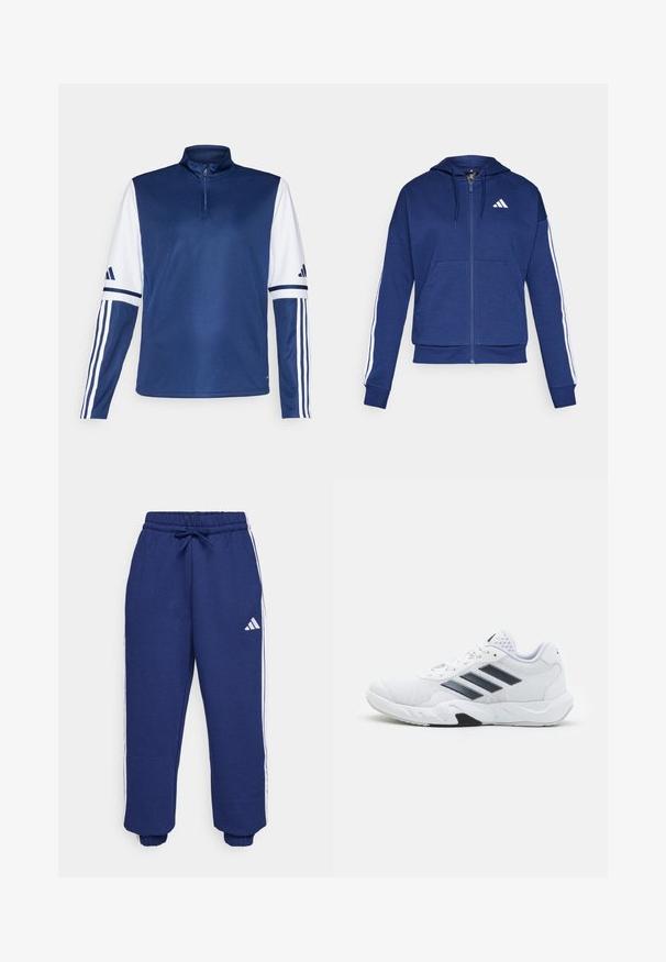 Navy-Zipper-Hoodie aus weichem Stoff, mit einer Fronttasche, weißen Streifen entlang der Ärmel und einem Logo auf der Brust.; Dunkelblauer Sportpullover mit einem Viertelreißverschluss-Kragen, weißen Ärmeln, drei weißen Streifen an jedem Arm und einer glatten Textur.; Marineblaue Sporthosen aus weichem Stoff, mit weißen seitlichen Streifen, elastischem Bund mit verstellbarem Kordelzug und elastischen Bündchen.; Weißer Sportschuh mit Mesh-Obermaterial, drei schwarzen Streifen an der Seite, strukturierten Akzenten und einer robusten Gummisohle mit einem kontrastierenden schwarzen Bereich.