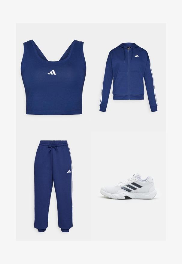Sweatshirt navy com fecho, feito de tecido macio, com um bolso frontal, riscas brancas nas mangas e um logo no peito.; Sutiã desportivo azul marinho feito de tecido suave, com um design de costas nadadora e um logotipo bordado branco na frente.; Calças atléticas em azul-marinho, feitas de um tecido macio, com riscas brancas nas laterais, cintura elástica com cordão ajustável e punhos elásticos.; Tênis atlético branco com parte superior em malha, três listras pretas de cada lado, detalhes texturizados e uma sola de borracha resistente com uma seção preta contrastante.
