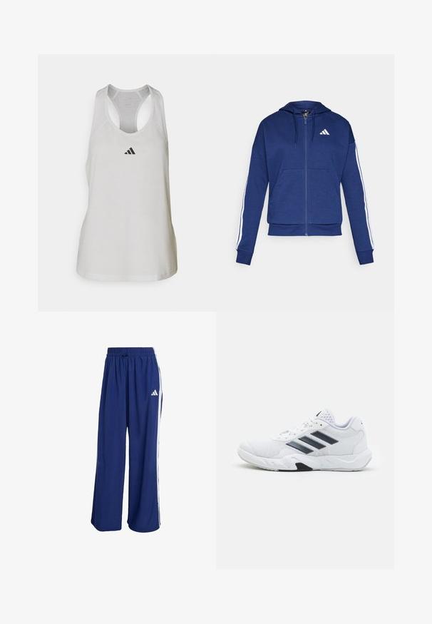 Marine blauwe rits hoodie gemaakt van zachte stof, met een voorzak, witte strepen langs de mouwen en een logo op de borst.; Witte sportieve tanktop van lichtgewicht stof met een racerback ontwerp en een klein zwart logo op de borst.; Marineblauwe sportbroek met een brede pijp, elastische tailleband en witte zijstrepen. Bevat een Adidas-logo aan de bovenlinkerkant.; Witte sportieve schoen met een bovenwerk van mesh, drie zwarte strepen aan de zijkant, gestructureerde accenten en een stevige rubberen zool met een contrasterend zwart gedeelte.