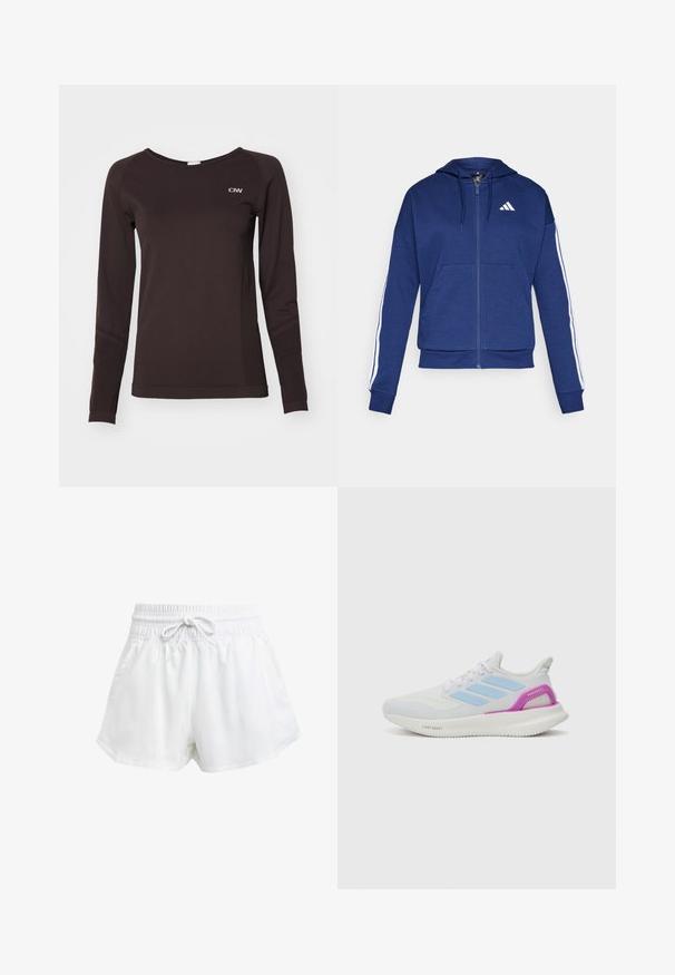 Tumed kapuutsiga jakki pehme kangaga, millel on eesmine tasku, valged triibud varrukatel ja logo rinnal.; Pikad varrukad pruun särk, mis on valmistatud siledast kangast. Omab ümarat kaelust ja väikest valget logo rinnaosas.; Valged spordilühikesed püksid elastse vöökoha ja reguleeritava paelaga. Valmistatud kergest materjalist, küljetaskudega ja lõdva istuvusega.; adidas Performance PUREBOOST 5 - Maanteejooksu jalatsid - white/glow blue/purple burst