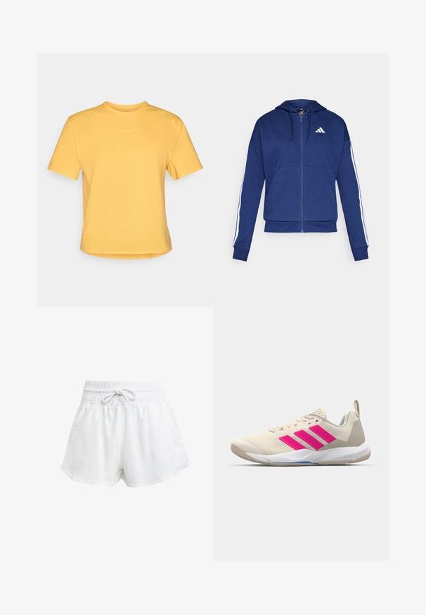 Sötétkék zip-záras kapucnis pulóver, kellemes tapintású anyagból, elülső zsebbel, fehér csíkkal a ujjak mentén és logóval a mellrészen.; Sárga, rövid ujjú póló, kerek nyakkivágással, puha anyagból készült. Finom logóval rendelkezik a mellkasnál és egyenes szegéllyel.; Fehér sportcipőnadrág rugalmas derékrésszel és állítható húzózsinórral. Könnyű anyagból készült, oldalzsebekkel rendelkezik és laza szabású.; Beige sportcipő rózsaszín háromsávos logóval, texturált hálós felső résszel, párnázott nyakkal és fehér gumitalppal, "LIGHTSTRIKE" márkajelzéssel.
