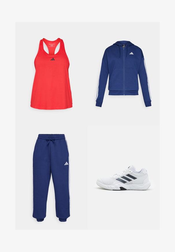 Mornarica zip-up kapuca, izdelana iz mehkega blaga, z obsežnim žepom na sprednji strani, belimi črtami ob rokavih in logotipom na prsih.; adidas Performance TRAIN ESSENTIALS MINIMAL BRANDING RACERBACK - Top - pure ruby/black; Morske atletične hlače iz mehkega materiala, z belimi stranskimi črtami, elastičnim pasom z nastavljivo vrvico in elastičnimi konci.; Bela atletska čevlja z mrežastim zgornjim delom, tremi črnimi črtami na strani, teksturiranimi dodatki in trdim gumijastim podplatom z kontrastnim črnim delom.