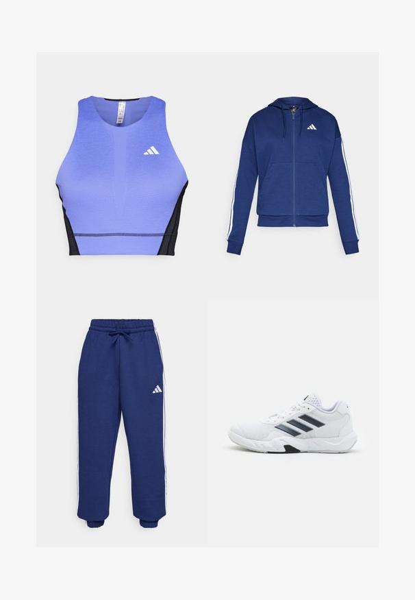 Námořnická zipová mikina vyrobená z měkké tkaniny, vybavená přední kapsou, bílými pruhy na rukávech a logem na hrudi.; Fialový sportovní crop top s texturovaným povrchem, černými bočními panely a bílým logem na levé části hrudi. Atletický design s kulatým výstřihem.; Námořnické sportovní kalhoty vyrobené z měkké tkaniny, s bílými postranními pruhy, elastickým pasem s nastavitelnou šňůrkou a elastickými manžetami.; Bílé sportovní boty s vrškem ze síťoviny, třemi černými pruhy po stranách, texturovanými akcenty a odolnou gumovou podrážkou s kontrastní černou částí.