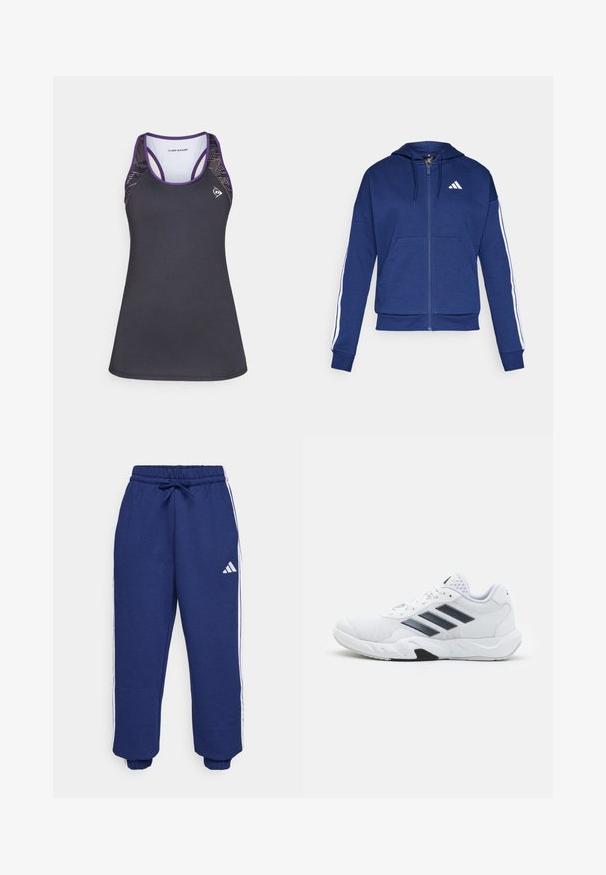 Tumed kapuutsiga jakki pehme kangaga, millel on eesmine tasku, valged triibud varrukatel ja logo rinnal.; Mustern 黑色 sport tank top пу Достини са тонервей и пертаувцяктовног клет ди сат шанс да опашили. Израдена од влакана које љуће влагу.; Tumed sportlikud püksid, mis on valmistatud pehmest kangast, valgete küljeribadega, elastse vöökoha ja reguleeritava nööriga ning elastsete mansettidega.; Valge spordijalats, millel on võrkpealne, kolm musta triipu küljepeal, tekstuuriga aktsendid ning tugev kummist tallaosa, millel on kontrastne must osa.