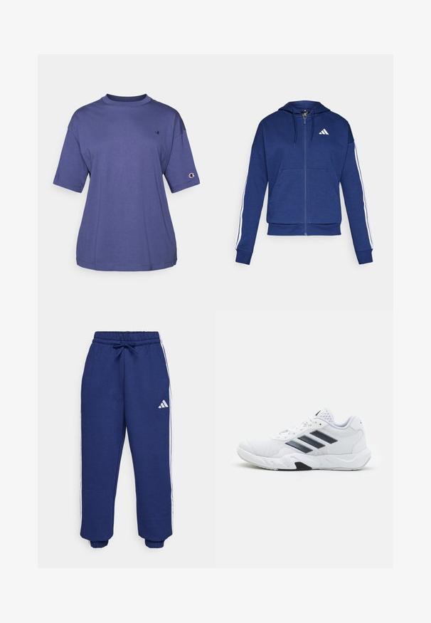 Sweatshirt navy com fecho, feito de tecido macio, com um bolso frontal, riscas brancas nas mangas e um logo no peito.; T-shirt de algodão roxa com decote redondo e mangas curtas, apresentando um pequeno logótipo no peito e um emblema no braço.; Calças atléticas em azul-marinho, feitas de um tecido macio, com riscas brancas nas laterais, cintura elástica com cordão ajustável e punhos elásticos.; Tênis atlético branco com parte superior em malha, três listras pretas de cada lado, detalhes texturizados e uma sola de borracha resistente com uma seção preta contrastante.