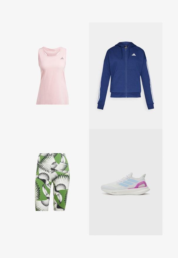 Navy zip-up hoodie made of soft fabric, featuring a front pocket, white stripes along sleeves, and a logo on the chest.; adidas Performance ADIZERO TANK - Top - semi pink spark; Green cycling shorts featuring a black and white toucan print. Material has a smooth texture with a fitted design and mid-thigh length.; adidas Performance PUREBOOST 5 - Road running shoes - white/glow blue/purple burst
