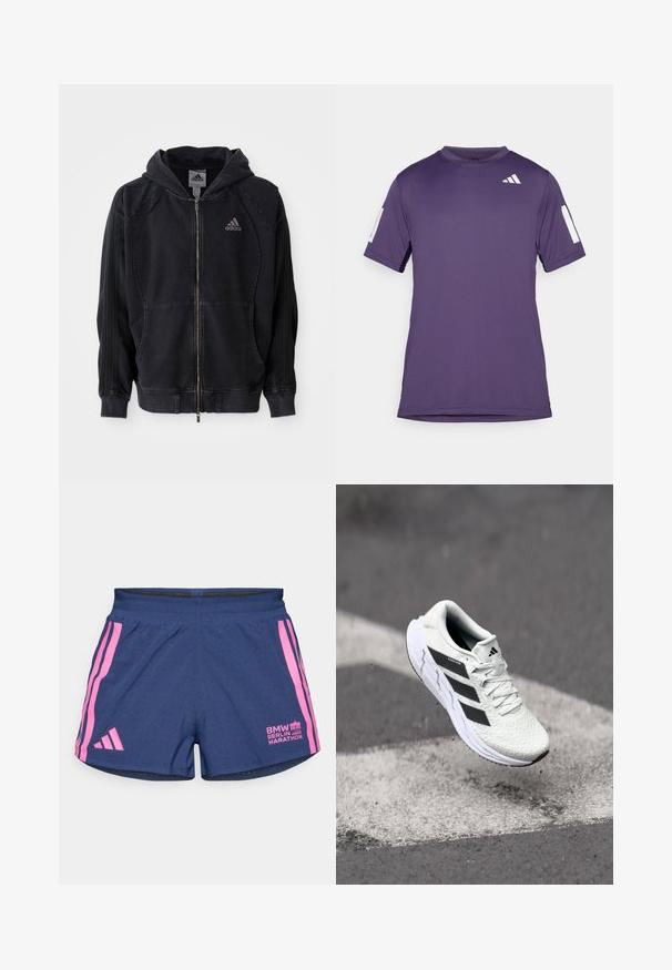Melnā Adidas džemperis ar rāvējslēdzēju, ar kapuci, priekšējām kabatām, trīs svītrām uz piedurknēm un Adidas logotipu kreisajā krūtī.; Violetais sporta īsām piedurknēm krekls, izgatavots no gludas auduma, ar baltām akcentēm uz piedurknēm un krūšu daļas, apaļa kakla izgriezums un brīvi pieguļošs griezums.; adidas Performance BER25 SPLIT SHORT - Sporta šorti - collegiate navy; Baltas sporta apavs ar teksturētu sietu augšu, melnām svītrām, auklu aizdari un mīkstu zoli, kas levitē virs marķētas ceļa virsmas.