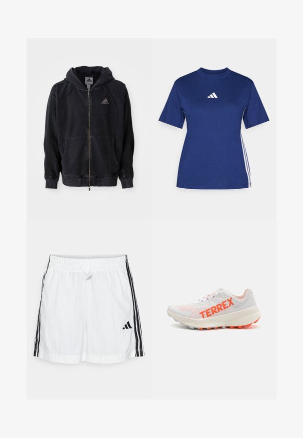 Schwarze Adidas Zip-Hoodie mit Kapuze, vorderen Taschen, drei Streifen an den Ärmeln und Adidas-Logo auf der linken Brust.; Navyblaue kurzärmelige T-Shirt aus Baumwolle mit hohem Kragen, ausgestattet mit einem weißen Logo und kontrastierenden weißen Seitenstreifen.; Weiße Sportshorts mit elastischem Bund, Kordelzug, seitlichen schwarzen Streifen und schwarzem Markenlogo auf der unteren linken Seite.; Weißer Laufschuh mit orangefarbenem "TERREX"-Branding; Mesh-Obermaterial, gepolsterter Kragen und strukturierte Sohle mit orangenen Akzenten. Leichtes Design.