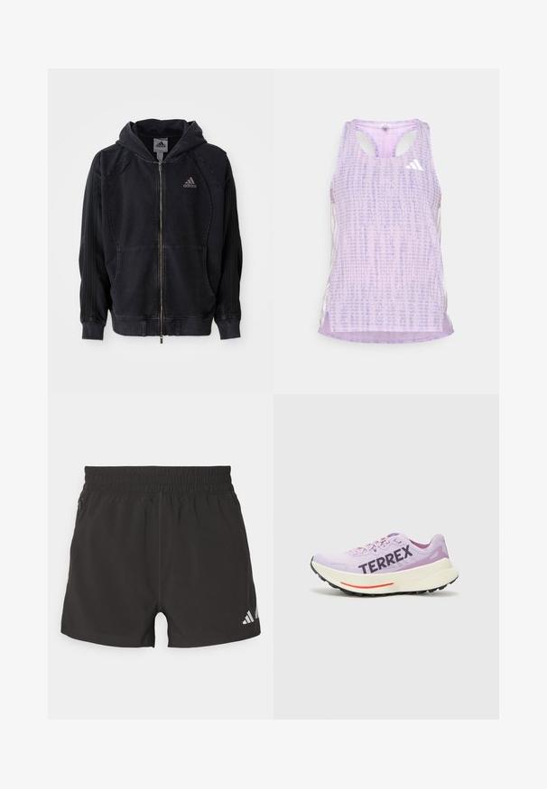 Sort Adidas zip-up hættejakke med hætte, forlommer, tre striber på ærmerne og Adidas-logo på venstre bryst.; Lilla atletisk tanktop med et mønstret, tekstureret stof. Har udskårne sider og et lille hvidt logo foran.; Sorte atletiske shorts lavet af letvægtsstof. Har en elastisk talje, sidelommer med lynlås og et reflekterende logo på kanten.; Lilla løbesko med åndbart mesh-overdel, fremtrædende "TERREX" logo, hvid mellemsål og sort gummisål med rød accent.