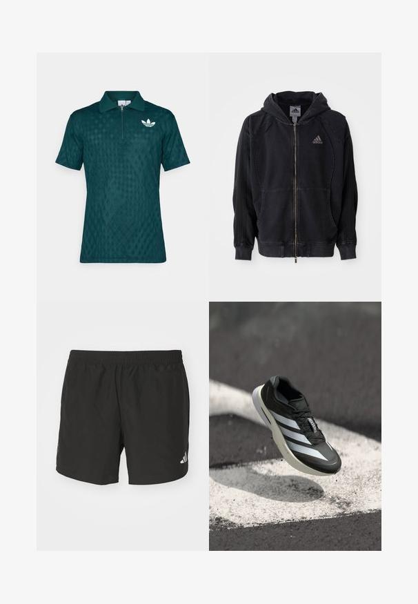 Sweat à zip noir d'Adidas avec capuche, poches avant, trois bandes sur les manches et logo Adidas sur la poitrine gauche.; Polo shirt teal avec un col zippé, texture à motif en losange et accent logo blanc sur le côté gauche de la poitrine. Manches courtes.; Shorts de sport noirs avec une taille élastique, des fentes sur les côtés et des accents de logo réfléchissants. Fabriqués en tissu léger et lisse.; Chaussure de sport noire avec trois rayures blanches, tige texturée, design élégant et semelle courbée, positionnée au-dessus d'une ligne blanche sur l'asphalte.