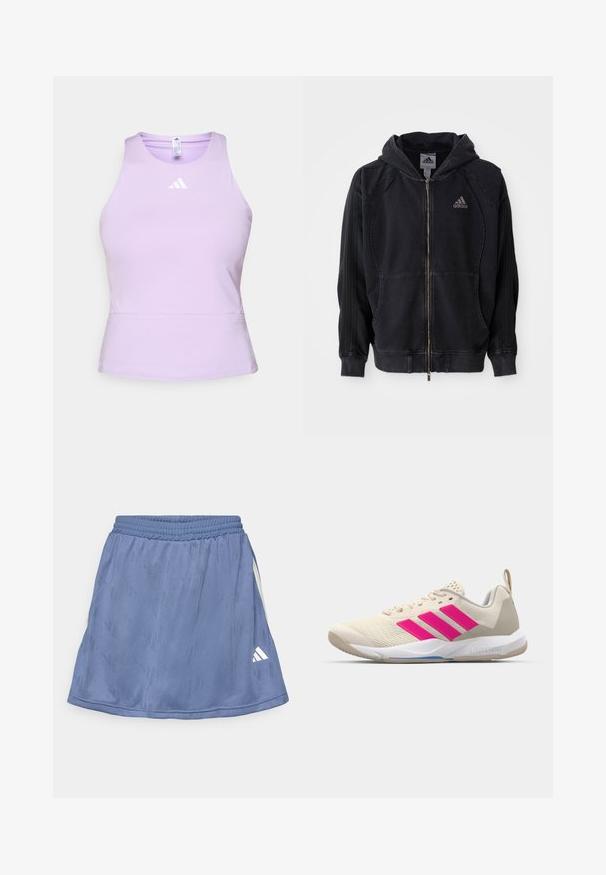 Hanorac negru Adidas cu fermoar, căptușit cu glugă, buzunare frontale, trei benzi pe mâneci și logo-ul Adidas pe pieptul stâng.; Top de sport lilac, confecționat dintr-un material neted, cu un design ajustat, având un gât rotund și un logo alb Adidas pe piept.; Fustă sport albastră cu un model texturat, talie elastică și un logo alb Adidas în partea dreaptă jos.; Pantof de sport bej cu logo în trei dungi roz, superior din plasă texturată, guler căptușit și talpă din cauciuc alb, având marca "LIGHTSTRIKE".