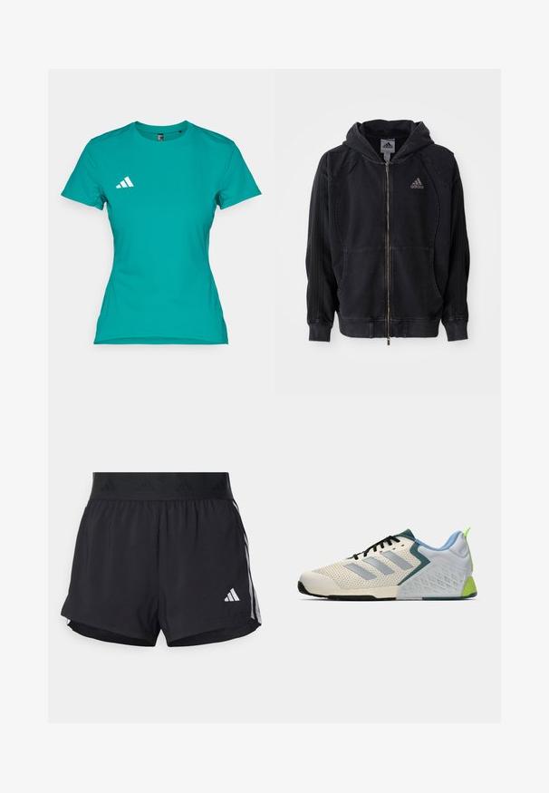 Black Adidas zip-up hoodie with hood, front pockets, three stripes on sleeves, and Adidas logo on left chest.; Turquoise athletic t-shirt made of lightweight fabric. Features short sleeves and a white logo on the left chest area.; Black athletic shorts with an elastic waistband, featuring a textured band, side stripes, and a white Adidas logo on the lower hem.; Lightweight athletic shoes featuring a cream mesh upper, grey stripes, a green accent, and a textured blue heel counter. Black laces.