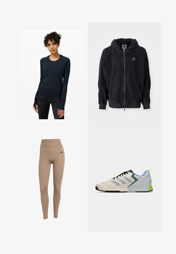 Sort Adidas zip-up hættejakke med hætte, forlommer, tre striber på ærmerne og Adidas-logo på venstre bryst.; Mørkeblå langærmet atletisk top med rund halsudskæring, der har raglanærmer og tommelhuller. Glat stof med et tætsiddende design.; Beige højtaljede leggings lavet af strækbart stof, med en tætsiddende silhuet og sort logoaccent på venstre hofte.; Letvægts sportssko med en cremefarvet mesh-overdel, grå striber, en grøn detalje og en struktureret blå hælkappe. Sorte snørebånd.