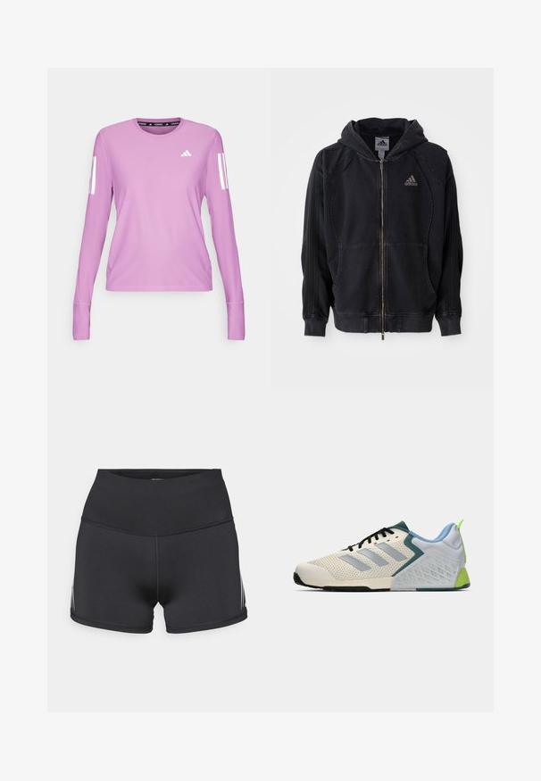 Black Adidas zip-up hoodie with hood, front pockets, three stripes on sleeves, and Adidas logo on left chest.; adidas Performance Long sleeved top - preloved purple; Black athletic shorts with a high waistband, made of stretch fabric. Features white side stripes and flatlock seams for comfort.; Lightweight athletic shoes featuring a cream mesh upper, grey stripes, a green accent, and a textured blue heel counter. Black laces.