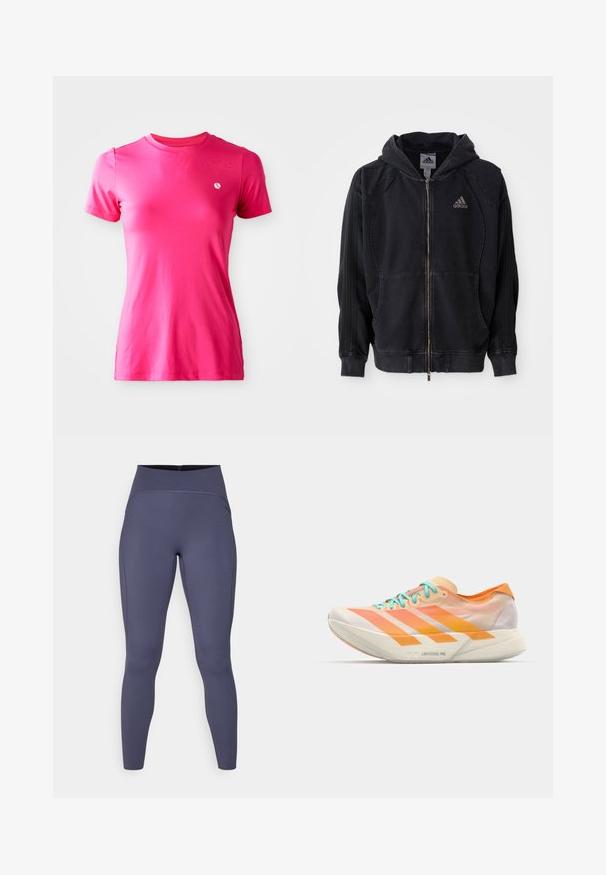 Juoda Adidas zip-up džemperis su gobtuvu, priekinėmis kišenėmis, trimis juostelėmis ant rankovių ir Adidas logotipu ant kairiojo krūtinės.; Trumpas rankovėmis, apvalios iškirptės marškinėliai ryškiai rožinės spalvos, su mažuoju baltu logotipu kairiajame krūtinės srityje ir lygiu paviršiumi.; Aukštos juosmens kelnaitės vientisos tamsiai pilkos spalvos. Pagamintos iš elastingos medžiagos su plokščiais siūlėmis ir prigludusia, siaurėjančia kojų forma.; Bėgimo batai su mišriu oranžinės, persikinės ir baltos spalvų dizainu. Pasižymi trimis baltomis juostelėmis ir šviesiai mėlynais raiščiais.