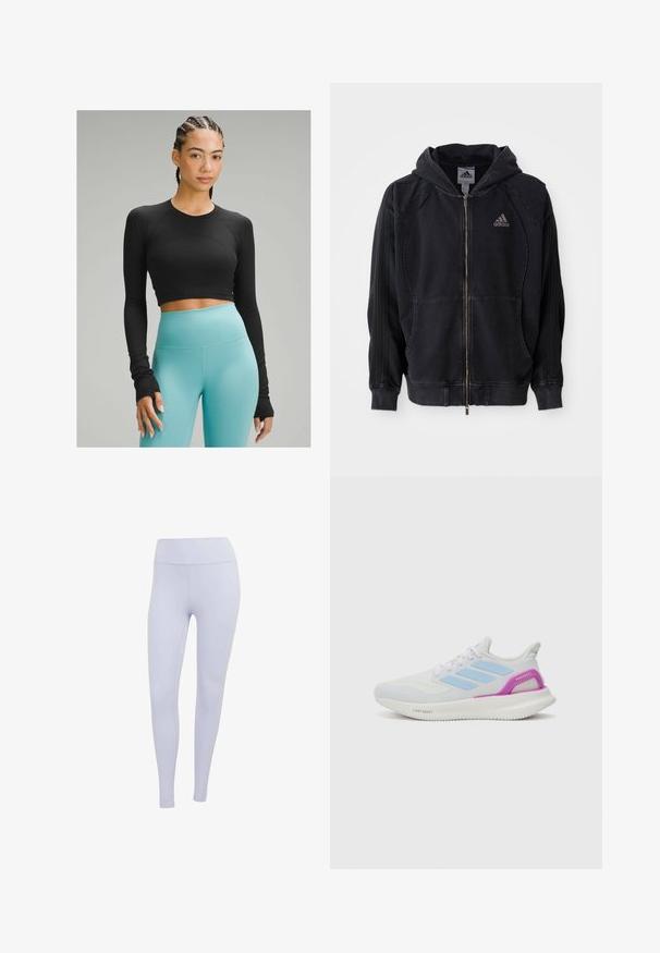 Čierna zipsová mikina Adidas s kapucňou, prednými vreckami, tromi pruhmi na rukávoch a logom Adidas na ľavej hrudi.; Čierny dlhý rukáv croptop s hladkou textúrou v kombinácii s vysokými svetlomodrými legínami zo pružného materiálu.; Svetlofialové legíny vyrobené z elastického materiálu. Vysoký pás s hladkou textúrou a bez viditeľných švov alebo vzorov.; adidas Performance PUREBOOST 5 - Cestná bežecká obuv - white/glow blue/purple burst