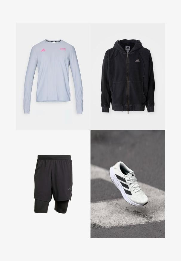 Melnā Adidas džemperis ar rāvējslēdzēju, ar kapuci, priekšējām kabatām, trīs svītrām uz piedurknēm un Adidas logotipu kreisajā krūtī.; adidas Performance BER25 OTR LS TEE - Tops ar garām piedurknēm - halo silver-coloured; Melni sporta šorti ar iebūvētu iekšējo slāni, izgatavoti no elpojoša auduma. Iekļautas diskrētas logotipa detalizācijas un strukturēta tekstūra. Regulējama jostasvieta.; Baltas sporta apavs ar teksturētu sietu augšu, melnām svītrām, auklu aizdari un mīkstu zoli, kas levitē virs marķētas ceļa virsmas.