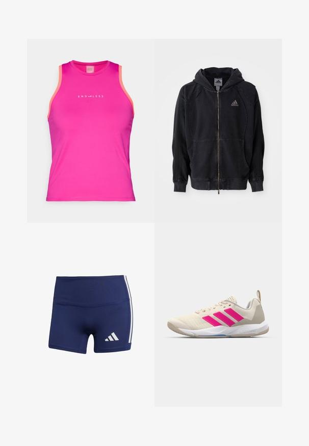 Černá mikina Adidas na zip s kapucí, předními kapsami, třemi pruhy na rukávech a logem Adidas na levé hrudi.; Endless ESSENTIAL - Top - deep fucsia; Tmavě modré sportovní šortky s těsným střihem, vyrobené z hladké látky, s bílými bočními pruhy a logem na dolní levé straně.; Béžová sportovní obuv s růžovým logem tří pruhů, texturovaným síťovaným svrškem, polstrovaným límcem a bílou gumovou podešví, s označením "LIGHTSTRIKE".